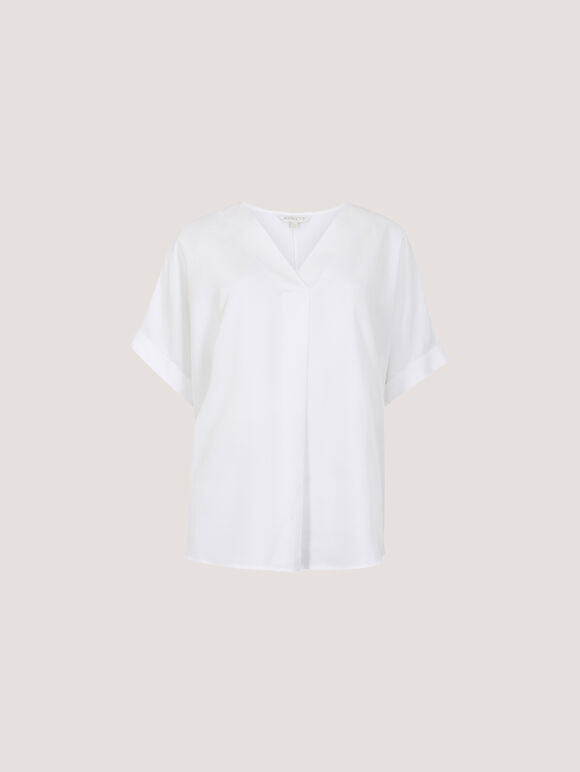Pleated V-Neck Blouse, White, large