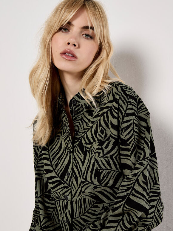 Linen Mix Leaf Print Shirt, Khaki, large