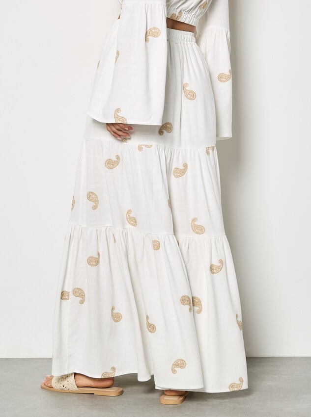 Paisley Embroidered Tiered Maxi Skirt, Cream, large