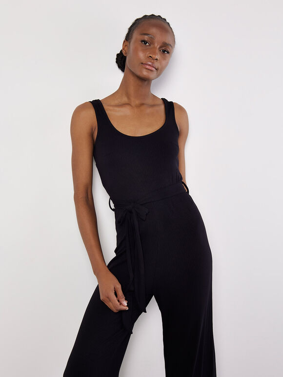 Sleeveless Ribbed Jersey Jumpsuit, Black, large