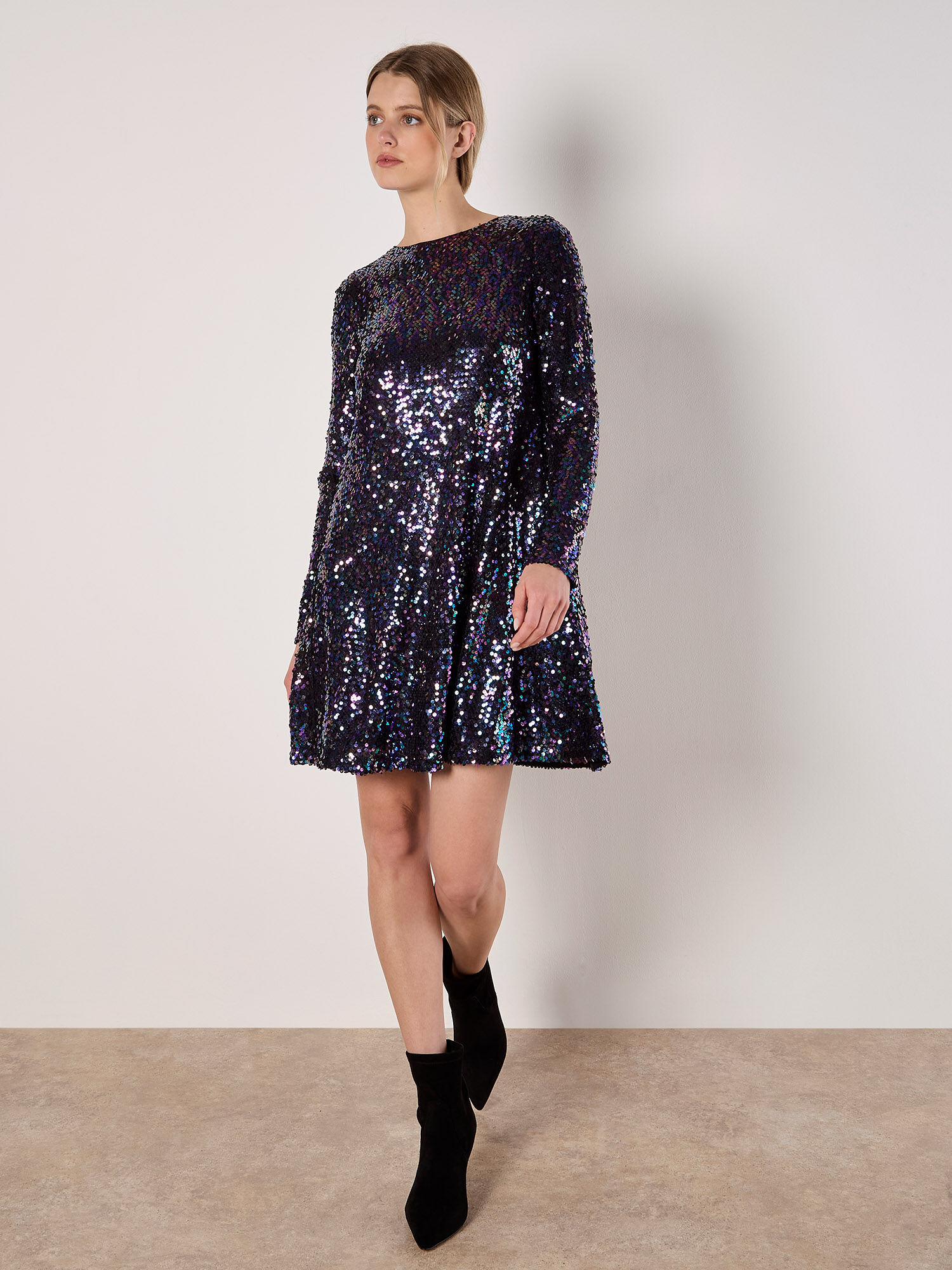 Sequin Swing Mini Dress Apricot Clothing