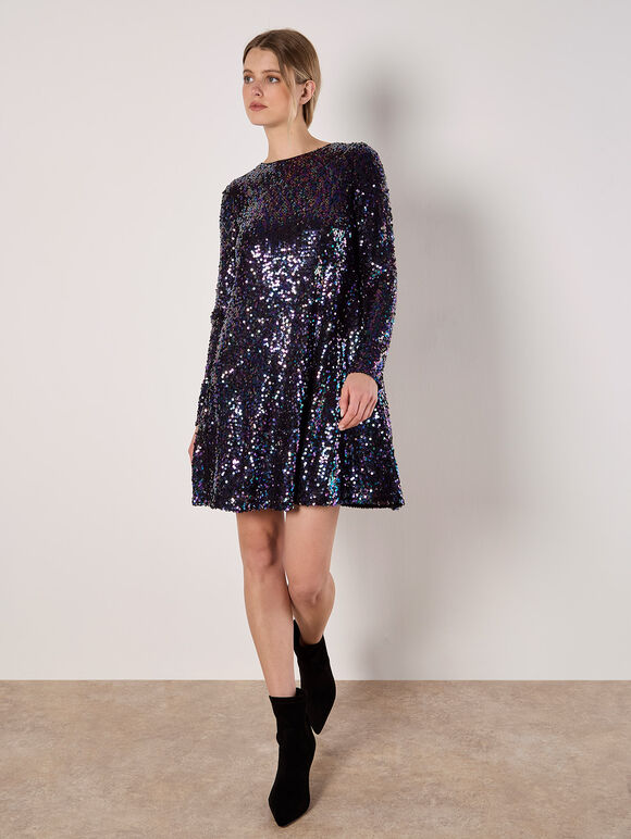 Sequin Swing Mini Dress, Black, large