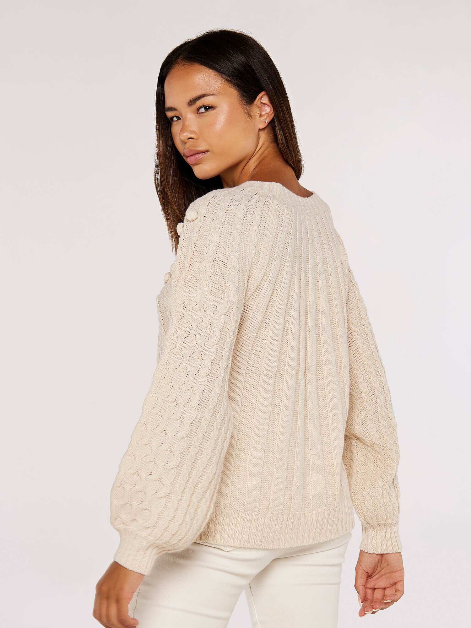 Aran Knit Pom Pom Jumper Apricot Clothing