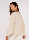 Aran Knit Pom Pom Jumper, Stone, large