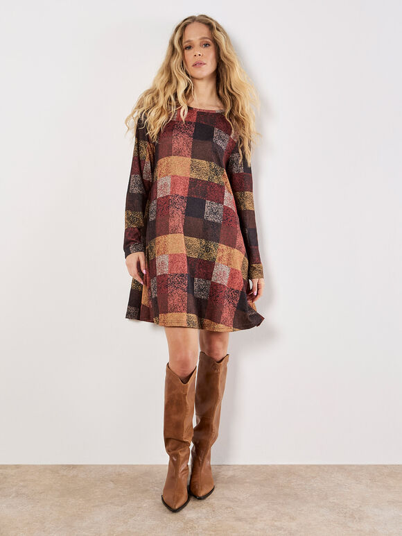 Colourful Patchwork Check Swing Mini Dress, Brown, large