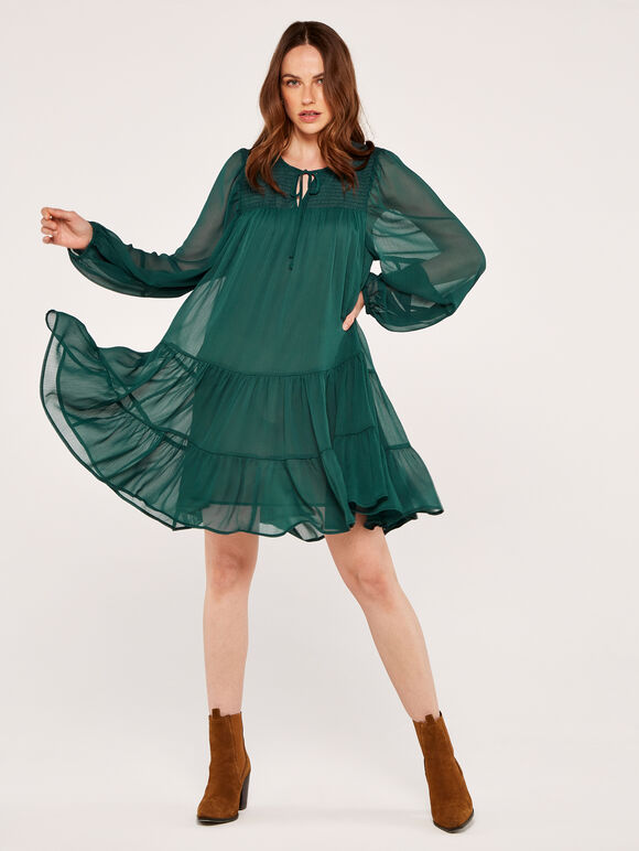 Crinkle Tiered Chiffon Dress, Green, large