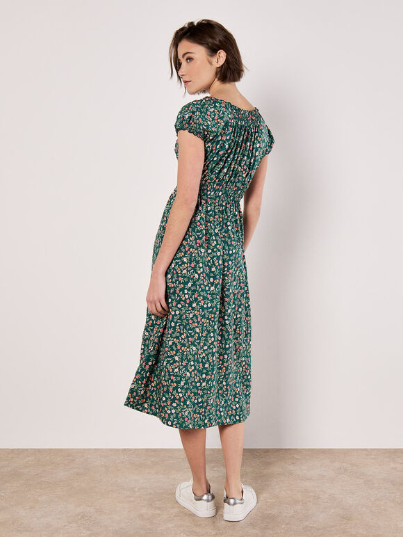 Garden Floral Milkmaid Midi Dress, Coral, large