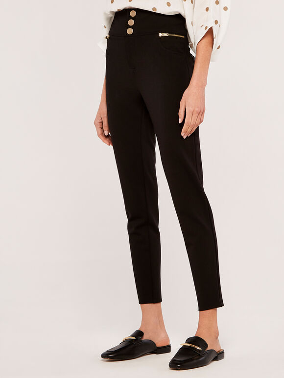 Ponte Button Trousers, Black, large