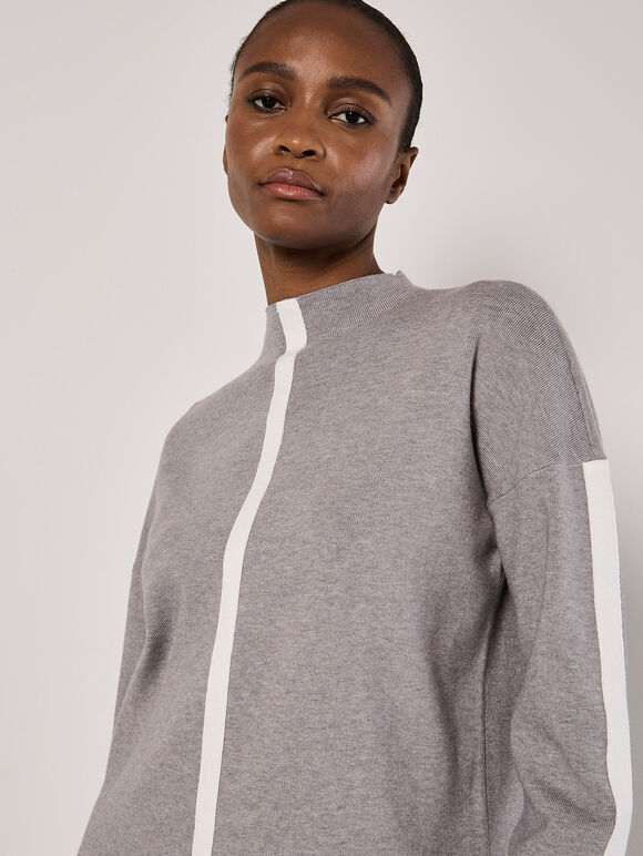 Mock Neck Mono Stripe Jumper, Grey, large