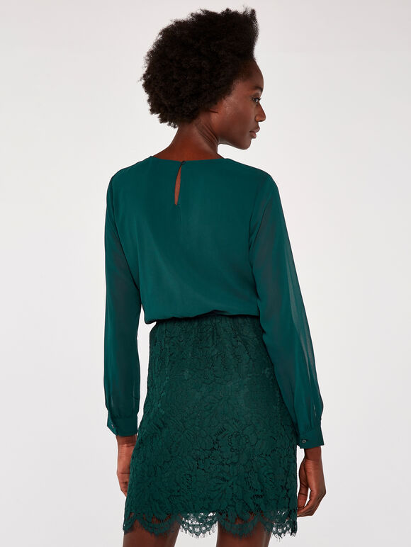 Chiffon Top and Lace Skirt Dress, Green, large