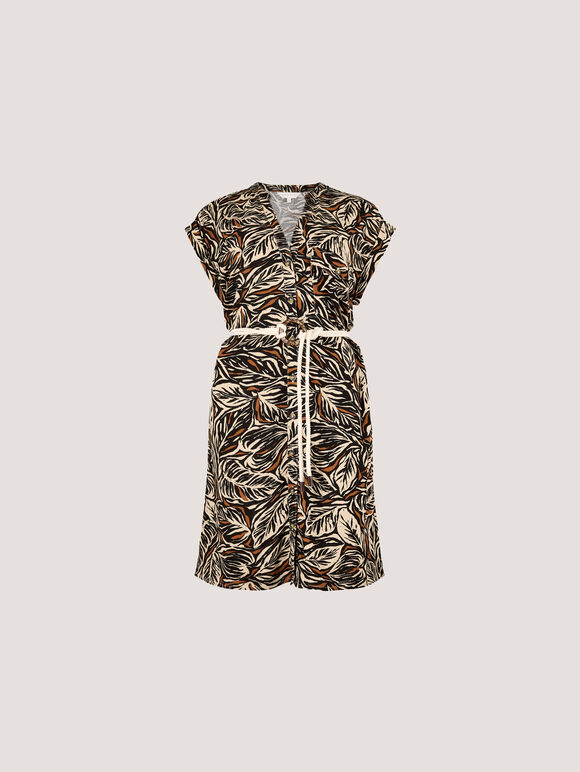 Leaf Print Rope Belt Mini Dress, Rust, large