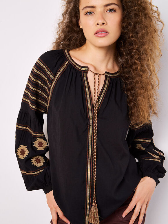 Aztec Embroidered Blouse, Black, large