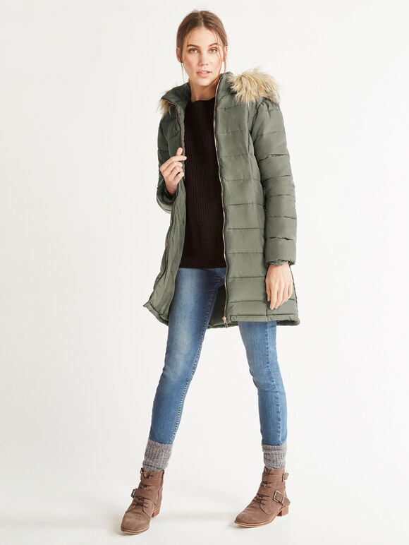 Longline Faux Fur Hood Puffer Jacket, Khaki, large