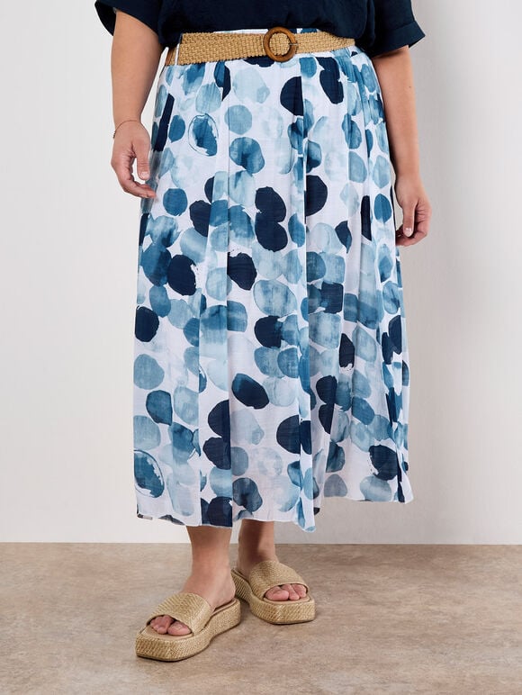 Abstract Print Slub Midi Skirt, Navy, large
