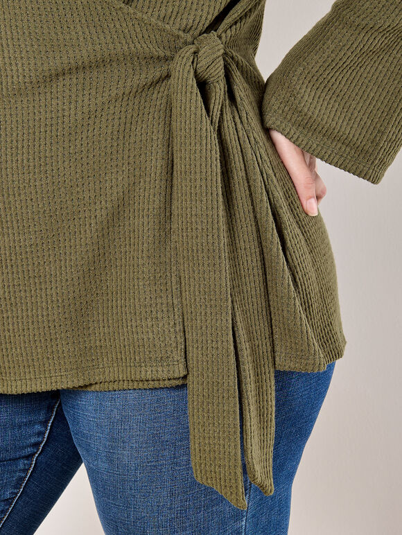 Curve Waffle Knit Wrap Top, Khaki, large