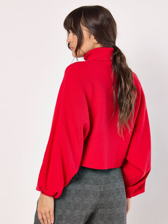 Ribbed Roll Neck Batwing Jumper, Red, large