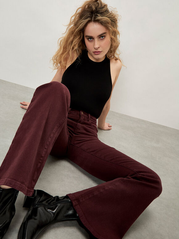 Lulu Mid-Rise Flared Jeans, Burgundy, large
