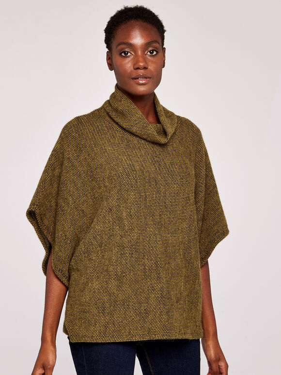 Waffle Cowl Neck Cape Top, Mustard, large