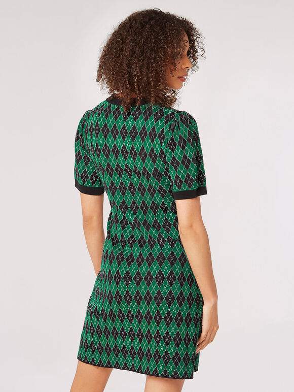 Knitted Argyle Mini Dress, Green, large