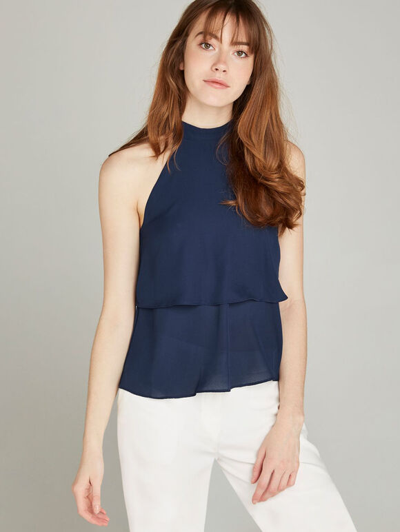 Halter Neck Chiffon Layer Top, Navy, large