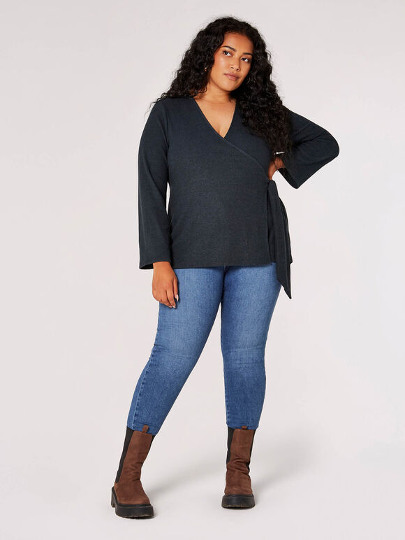 Curve Ribbed Jersey Wrap Top, Green, large