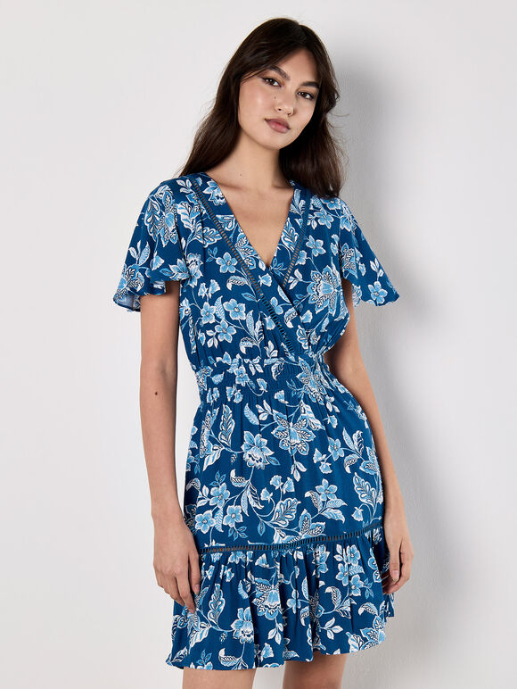 Sarasa Floral Wrap Mini Dress, Blue, large