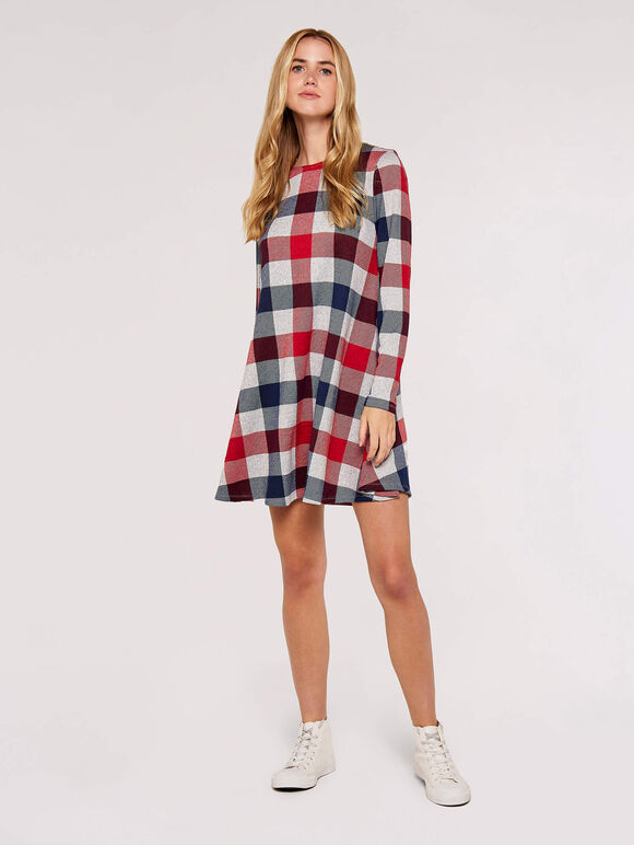 Checked Swing Dress, Red, large