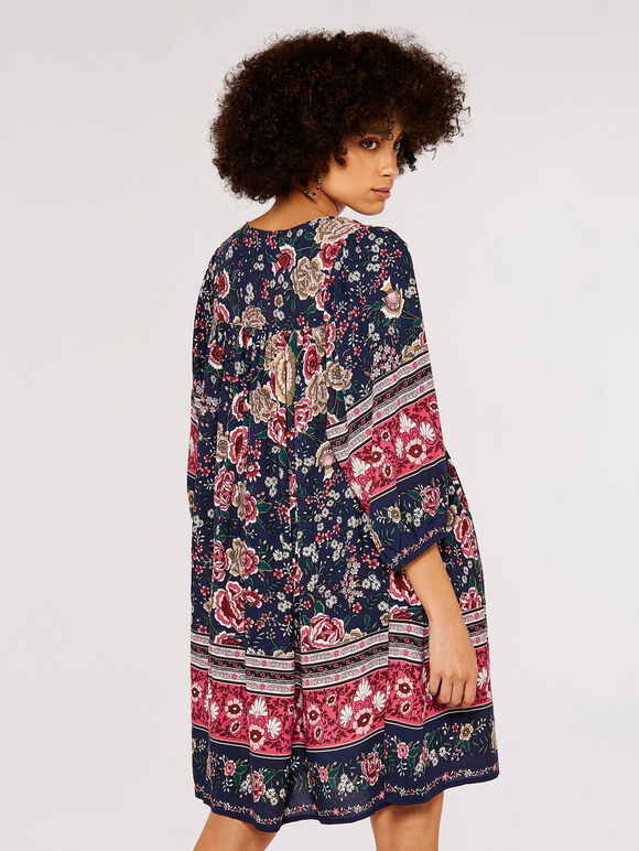 Folk Border Mini Dress, Navy, large