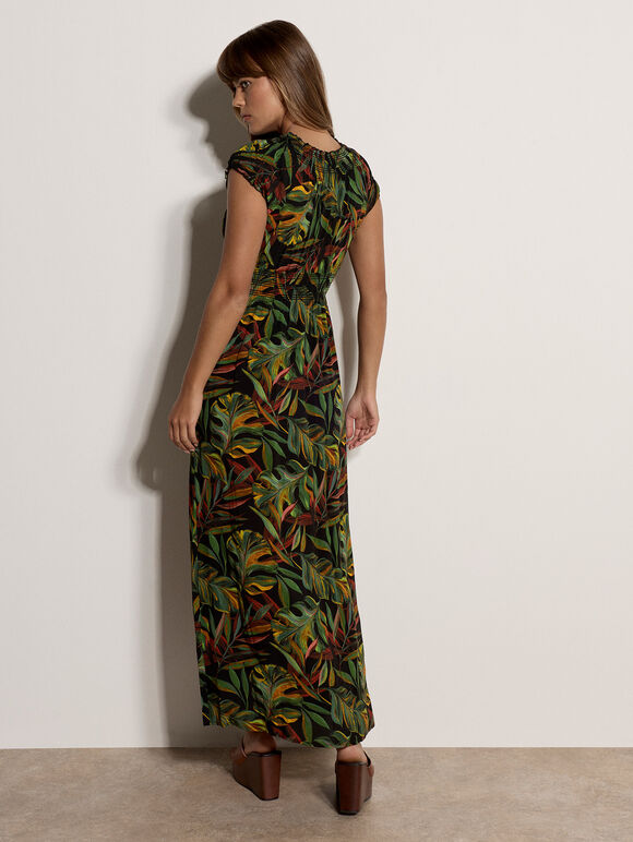 Tropical Leaf Smocked Maxi Dress, Black, large