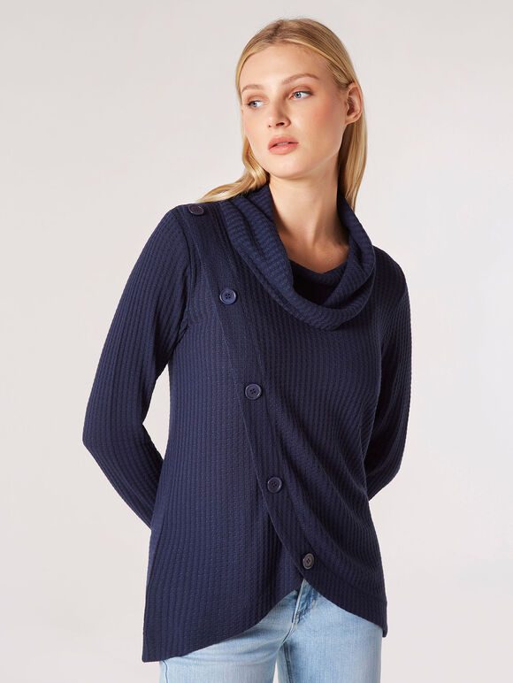 Waffle Knit Button Wrap Top, Navy, large