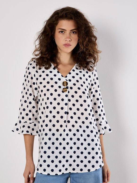 Polka Dot Bell Sleeve Blouse, White, large