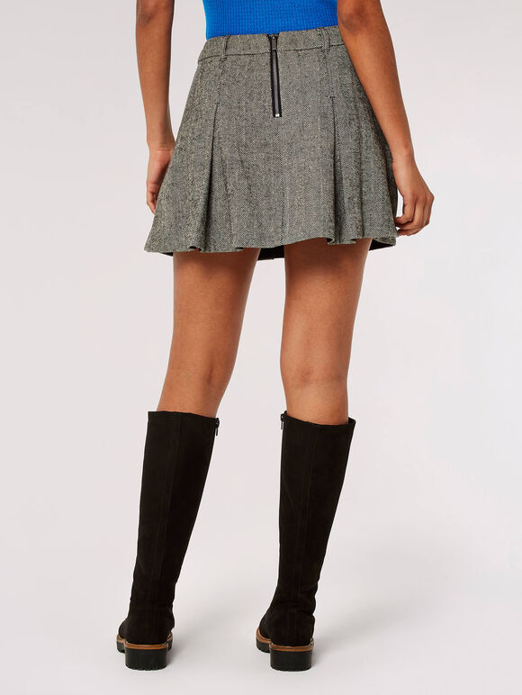 Pleated Herringbone Mini Skirt, Black, large