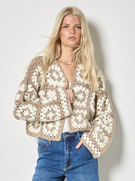 Hand-Knit Crochet Squares Cardigan