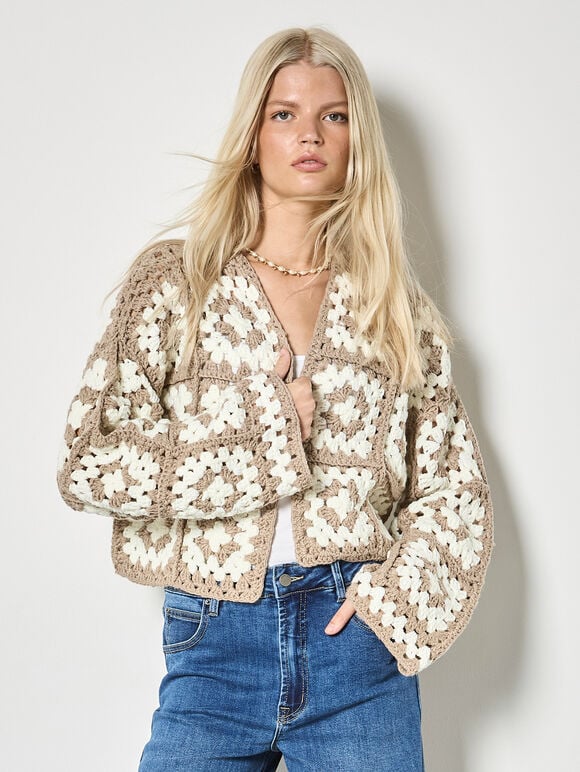 Hand-Knit Crochet Squares Cardigan, Brown, large