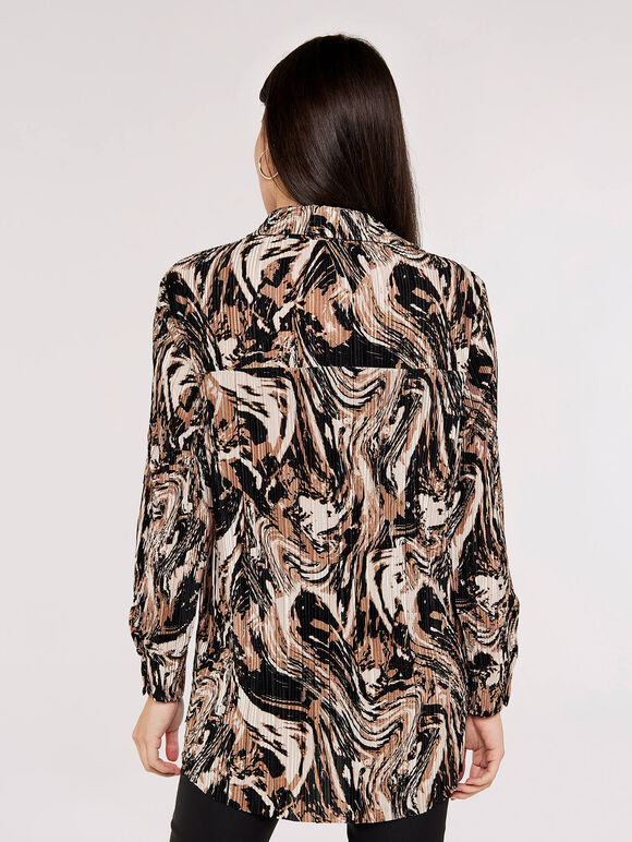 Marble Print Plisse Shirt, Black, large