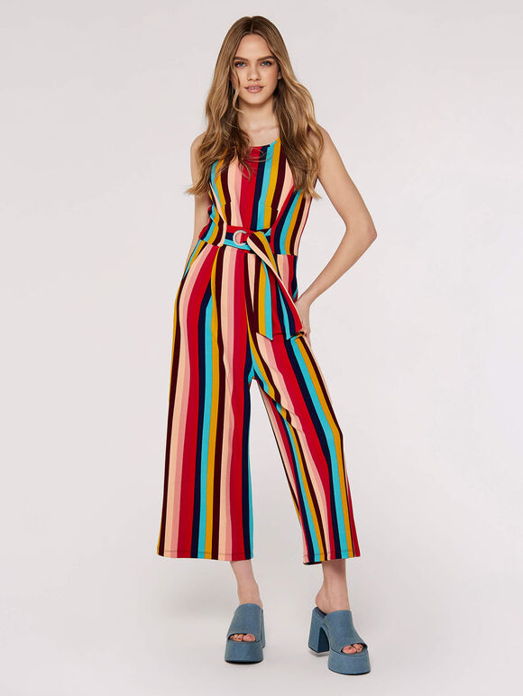 Multi-stripe Tie Waist Jumpsuit, Red, large