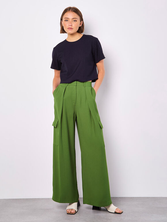 Wide Leg Fluid Cargo Trousers, Green, large