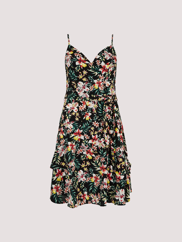 Tropical Floral Tiered Wrap Mini Dress, Black, large