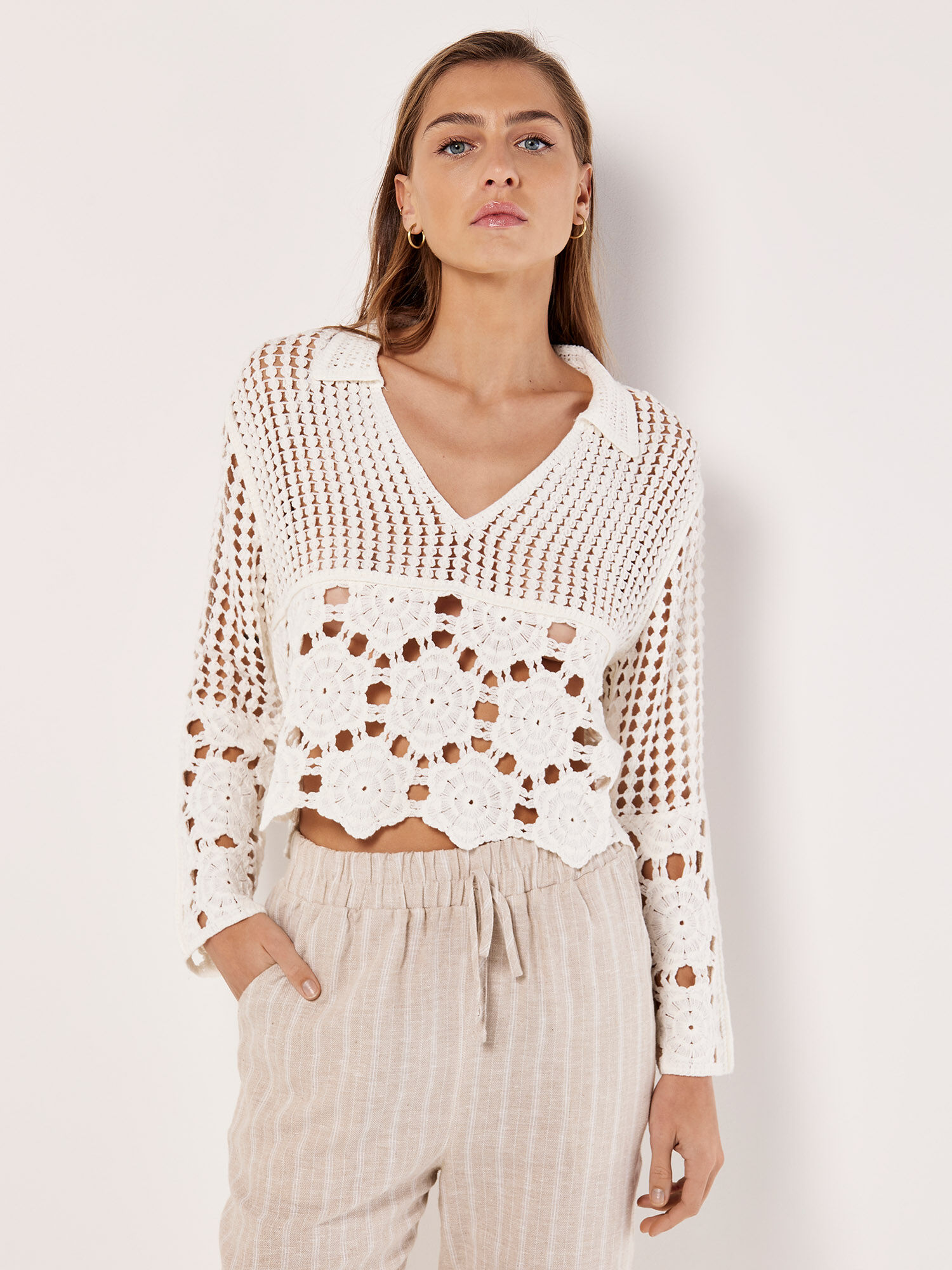 Open Collar Floral Crochet Top Apricot Clothing