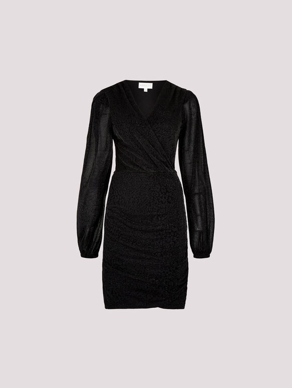 Sparkle Wrap Mini Dress, Black, large
