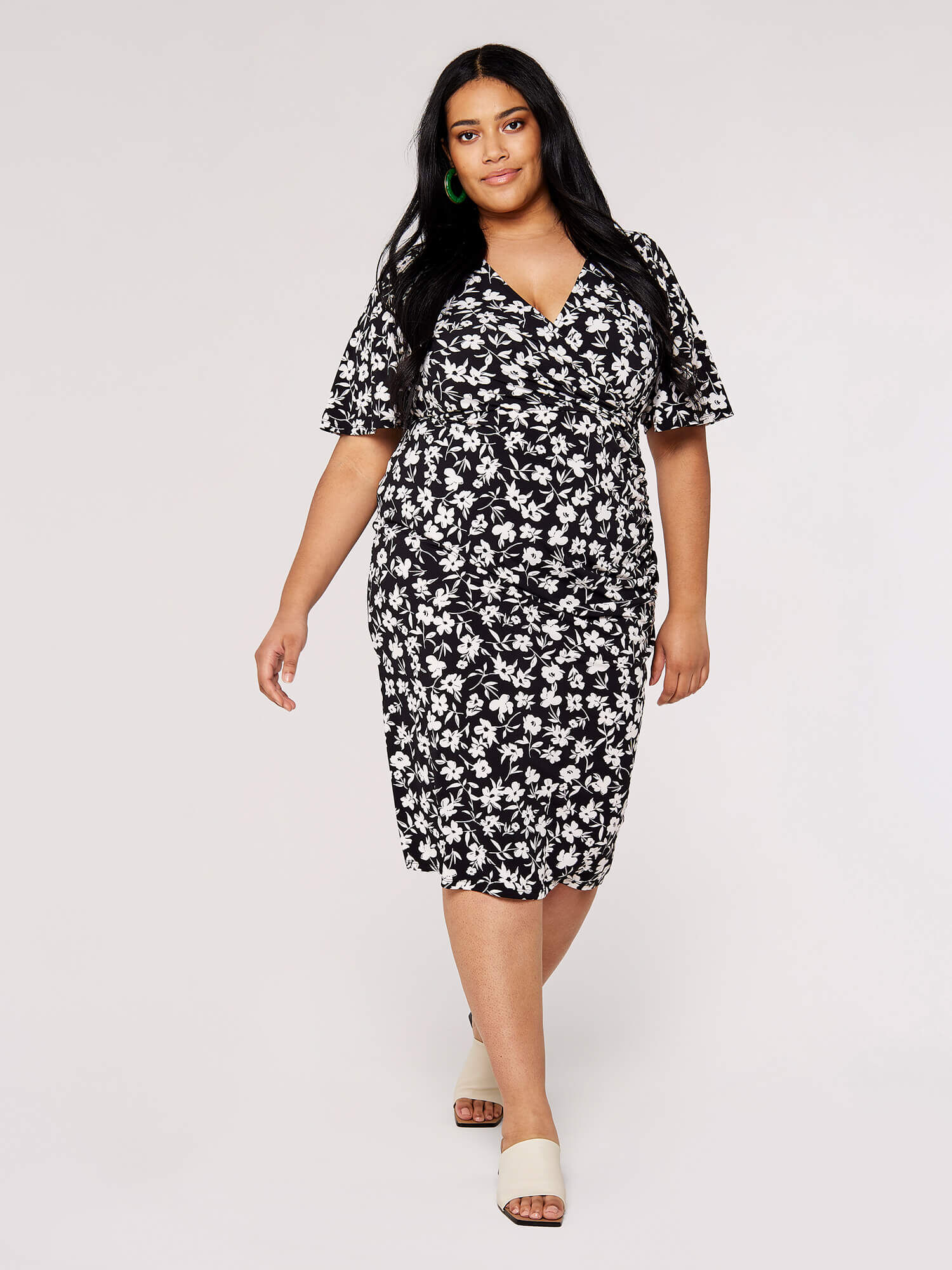 Curve Floral Ruched Midi Dress Apricot Clothing
