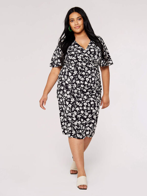 Curve Floral Ruched Midi Dress, Black, large