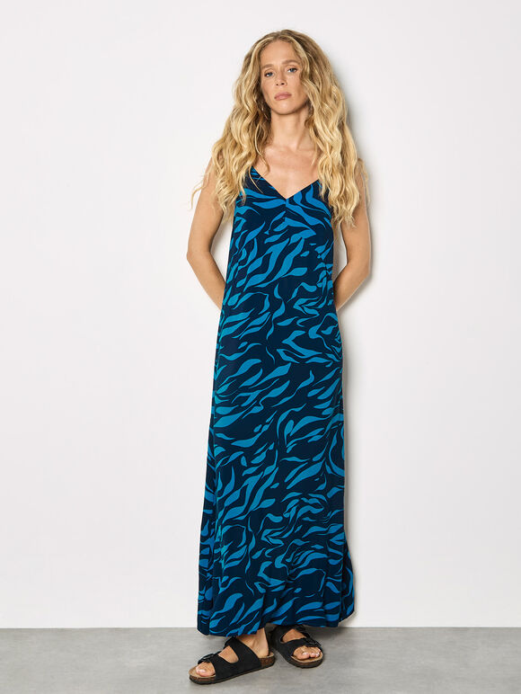 Animal Print Trapeze Cami Maxi Dress, Navy, large