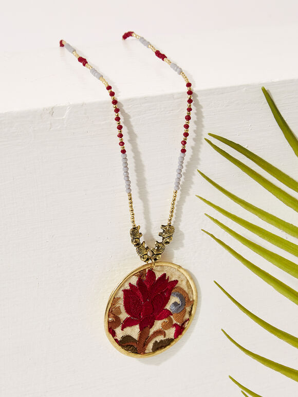 Embroidered Circle Necklace, Red, large