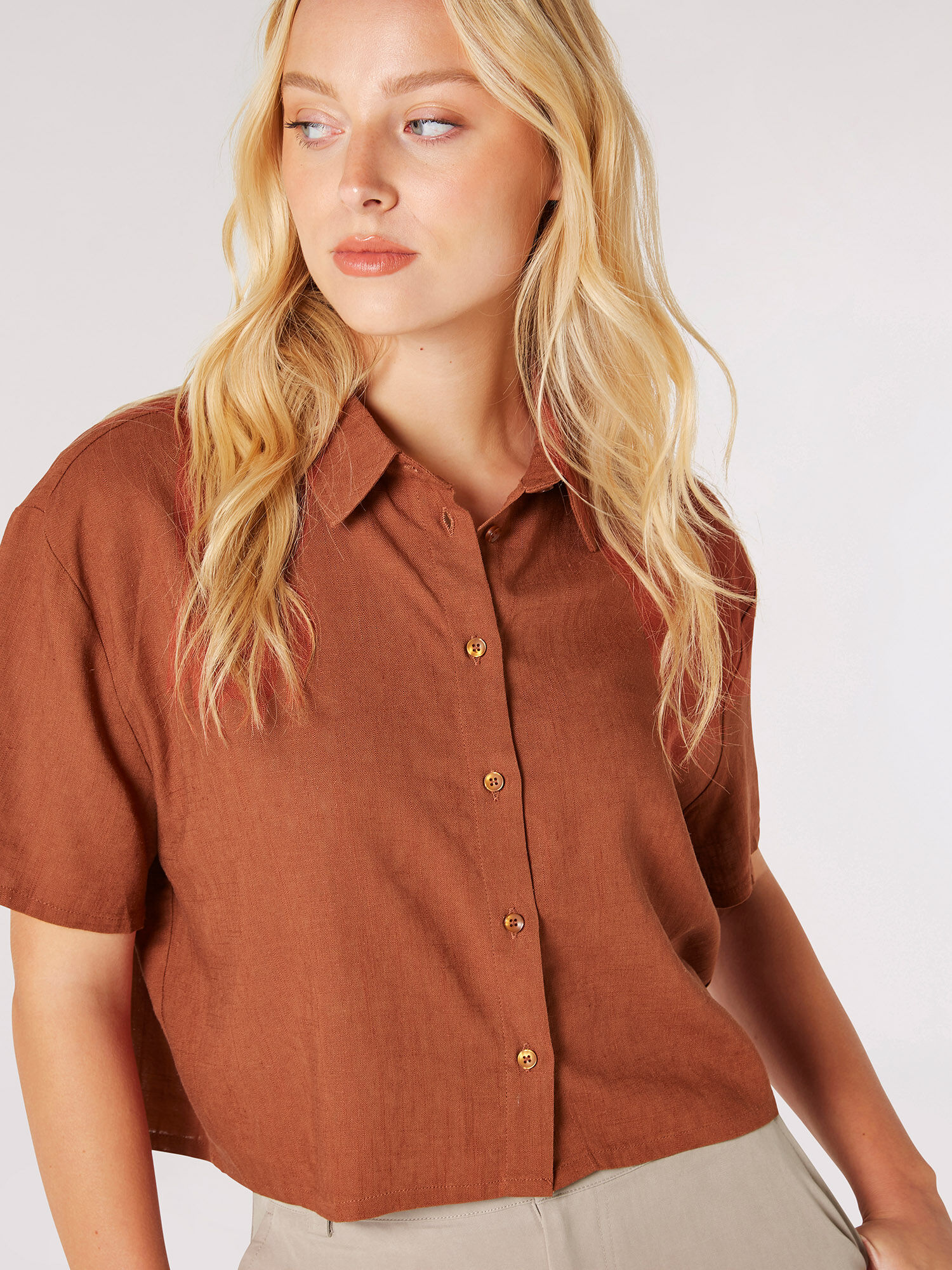 Linen Blend Boxy Shirt Apricot Clothing