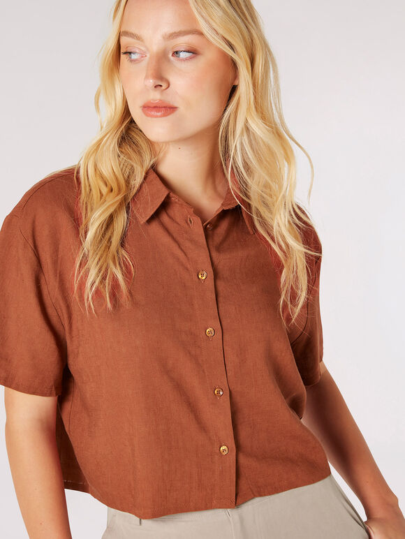 Linen Blend Boxy Shirt, Rust, large
