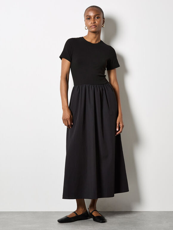 Ribbed Top Midi Dress, Black, large