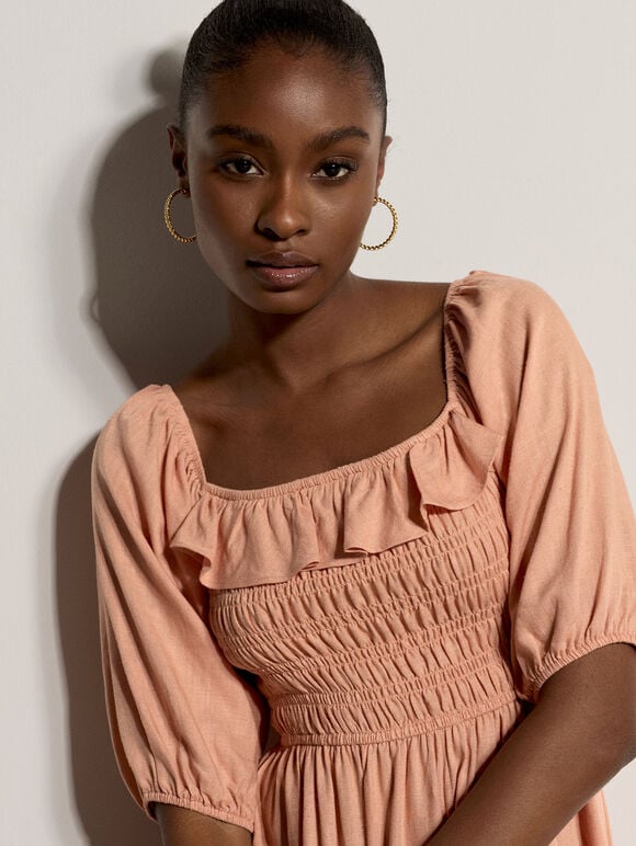 Smocked Bardot Maxi Dress, Peach, large