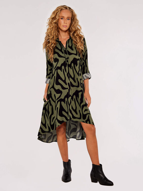 Swirl Print High-Low Mini Dress, Khaki, large