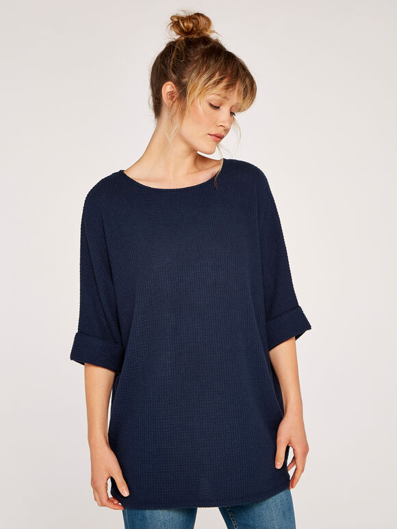 Soft-Touch Batwing Waffle Knit Top, Navy, large